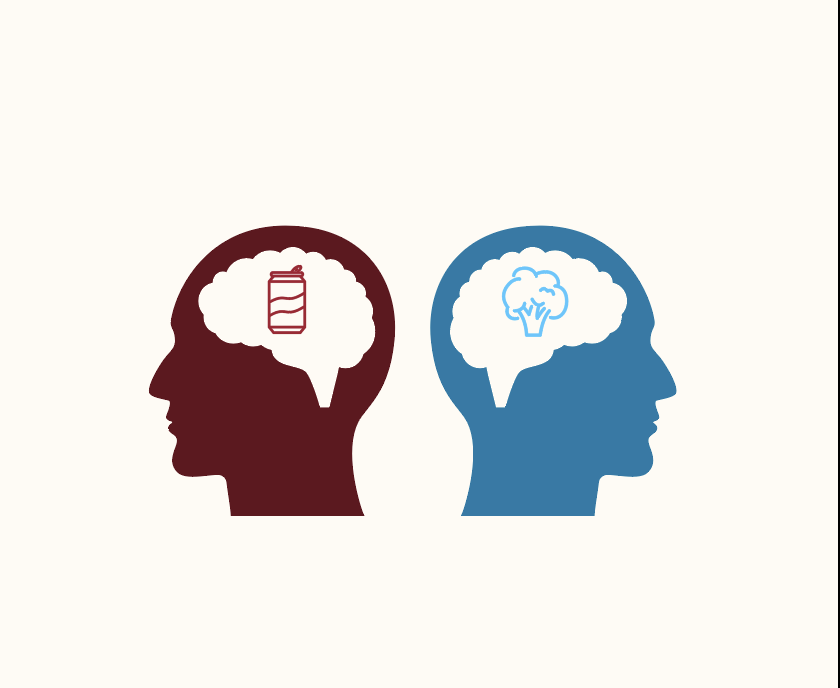 Illustration of an individual choosing between soda and broccoli.