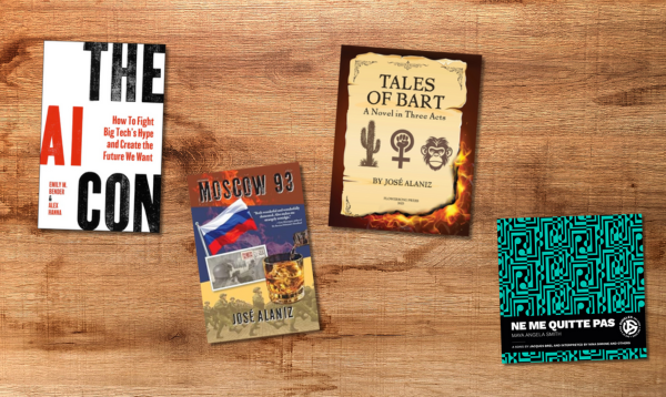 A background of wood grain featuring four book covers on it