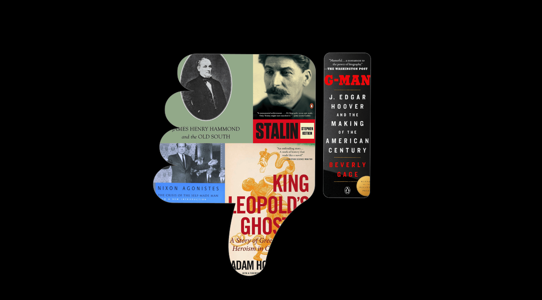 Collage of book covers depicted in a thumbs-down shape.