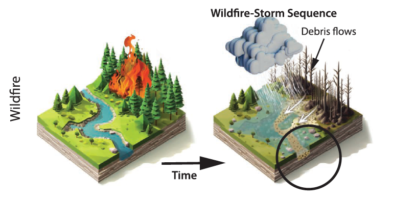 A graphic depicts the wildfire-storm sequence of interconnected hazards. A wildfire ignites in a forest of green trees adjacent to a river. Following the fire, a second panel illustrates a storm bringing rain to the scorched landscape, which fails to prevent rain and debris from flooding the river and altering its course.
