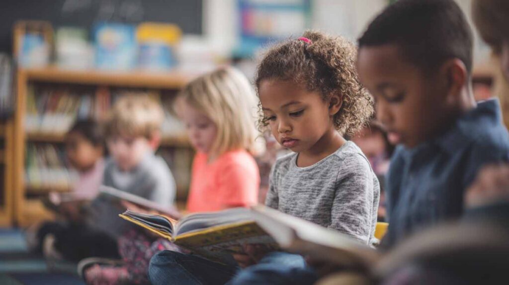Conceptual image of a group of young children perusing books. Image credit: Nicole Smith, crafted using Midjourney