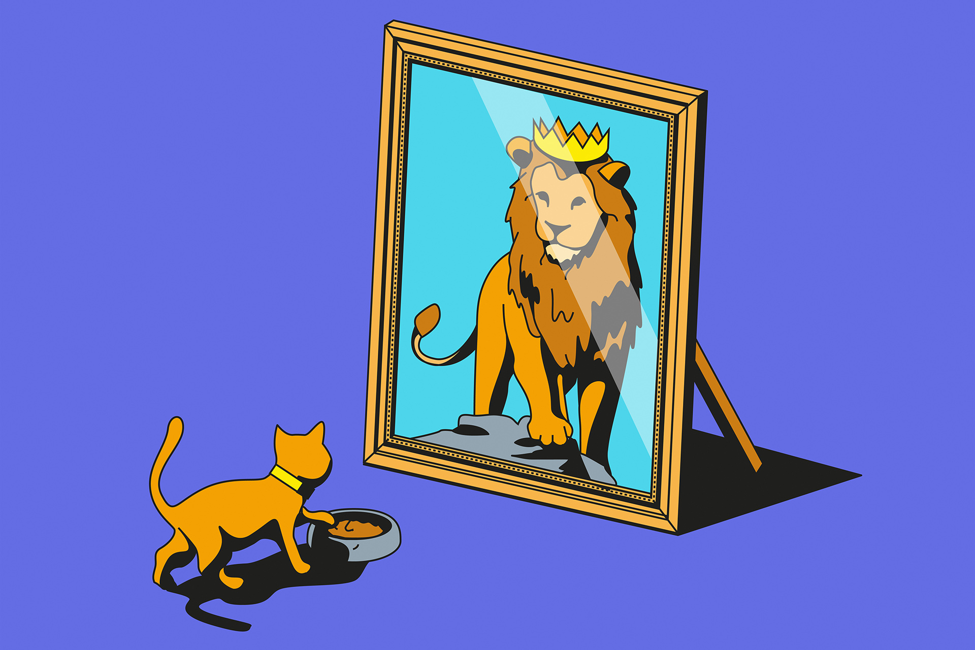 Illustration of a feline gazing into a reflective surface and perceiving a lion's image. (Harry Haysom/Ikon Images)