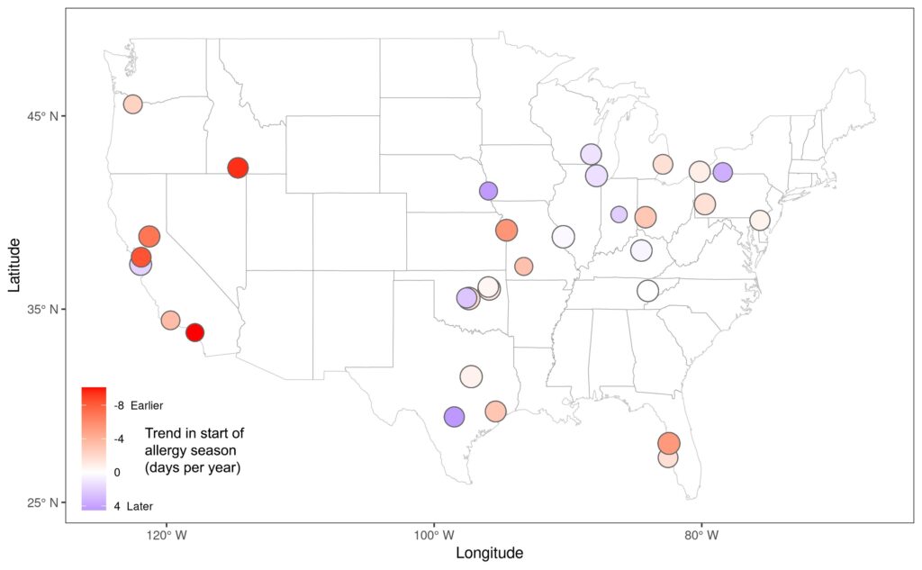 Research led by the University of Michigan demonstrated how the onset of fungal spore allergy season has shifted nationwide over the last two decades due to climate change. While the pattern differs by region, the spore allergy season on average has commenced 22 days earlier over two decades. Credit: R. Wu et al., GeoHealth, 2025, DOI: 10.1029/2024GH001323
