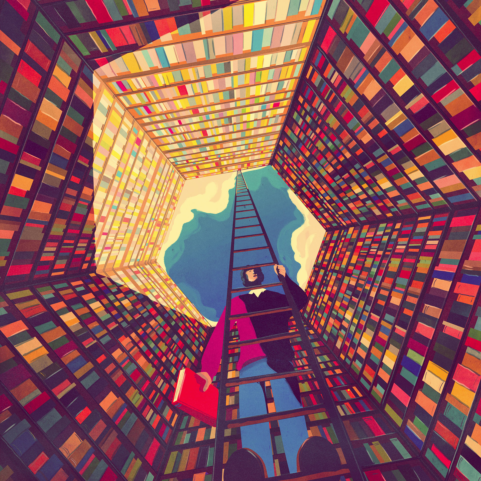 Image of a reader ascending a ladder to reach a vibrant tower of books.
