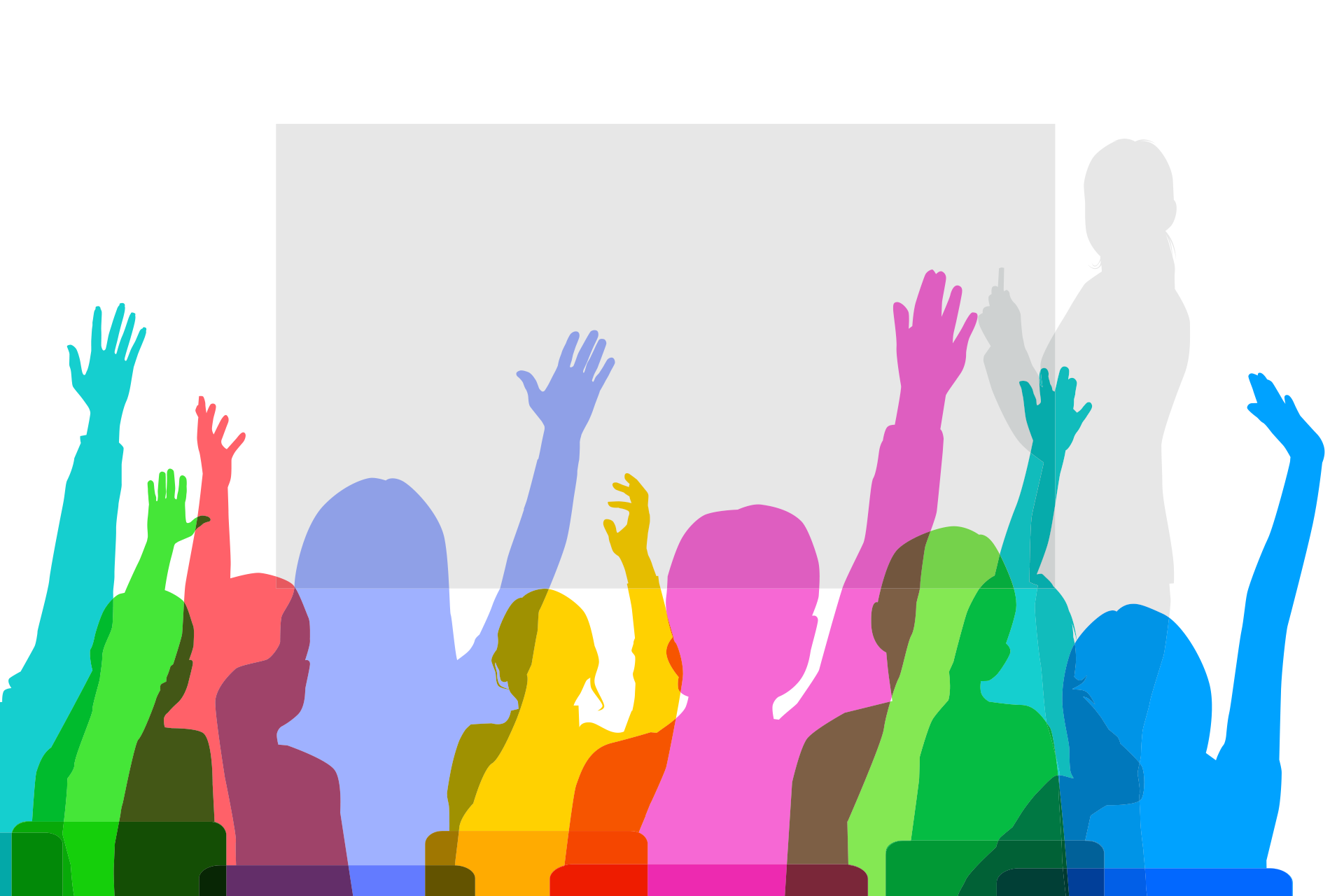 Illustration of students raising their hands alongside a teacher at a chalkboard.