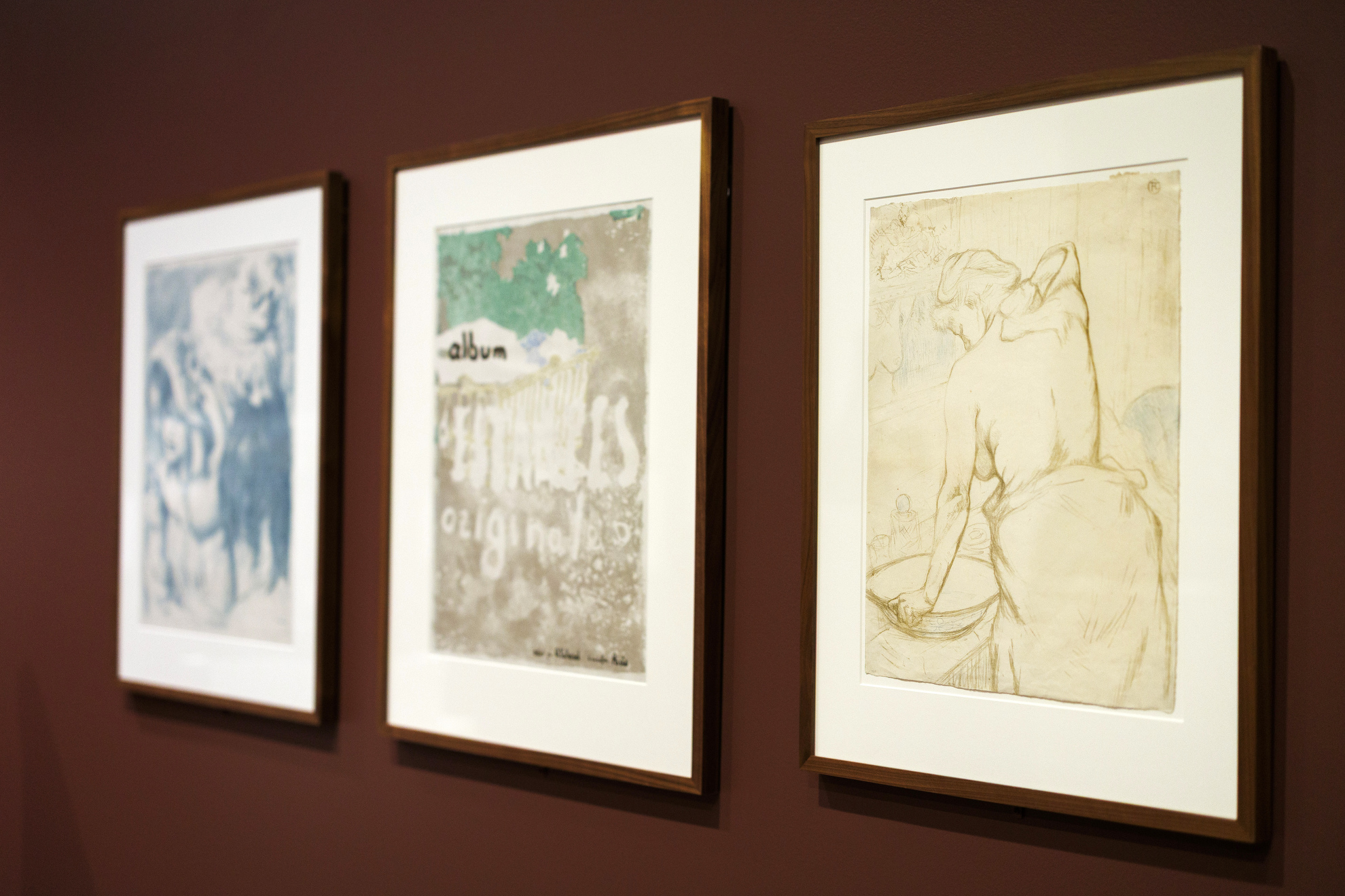 Featured in a series of hung pieces, “Woman Washing Herself,” lithograph on cream wove paper by Henri de Toulouse-Lautrec.