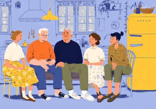 Concept depiction of neighbors, professional caregivers, and long-time friends acting as family for a person with dementia. Image credit: Nicole Smith, created with Midjourney