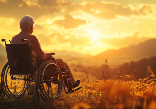 Concept depiction of a senior citizen in a wheelchair facing away from the camera, gazing at a sunset landscape. Image credit: Nicole Smith, created with Midjourney
