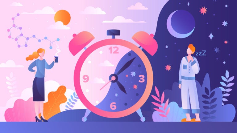Illustration of a clock showing a person during the day and night