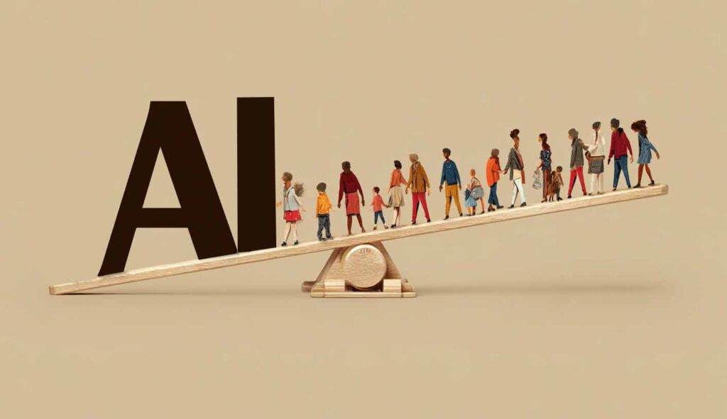 Concept illustration of AI tipping the scales on marginalized people. Image credit: Nicole Smith, made in part with Midjourney