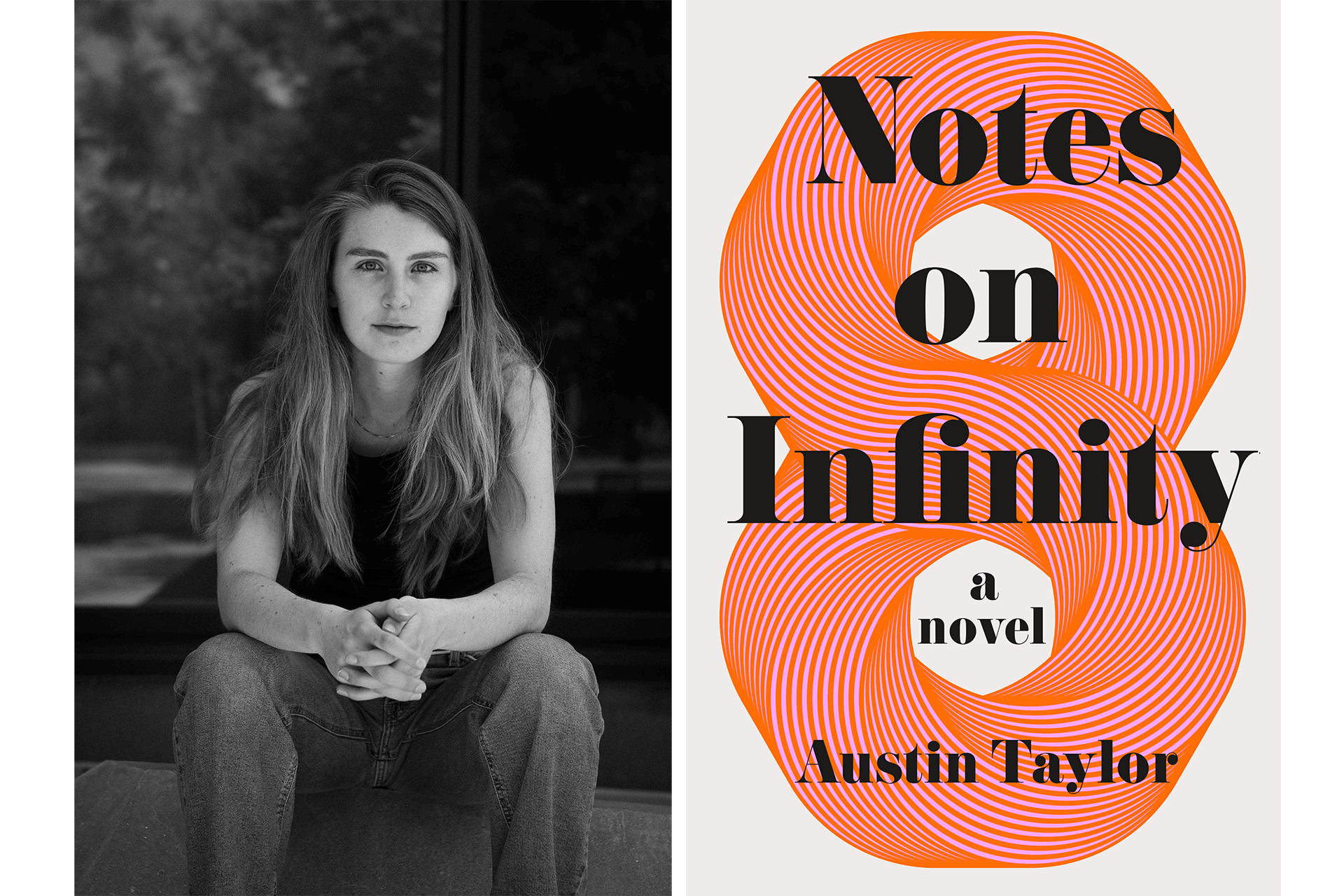 Image of author Austin Taylor alongside the cover of "Notes on Infinity."