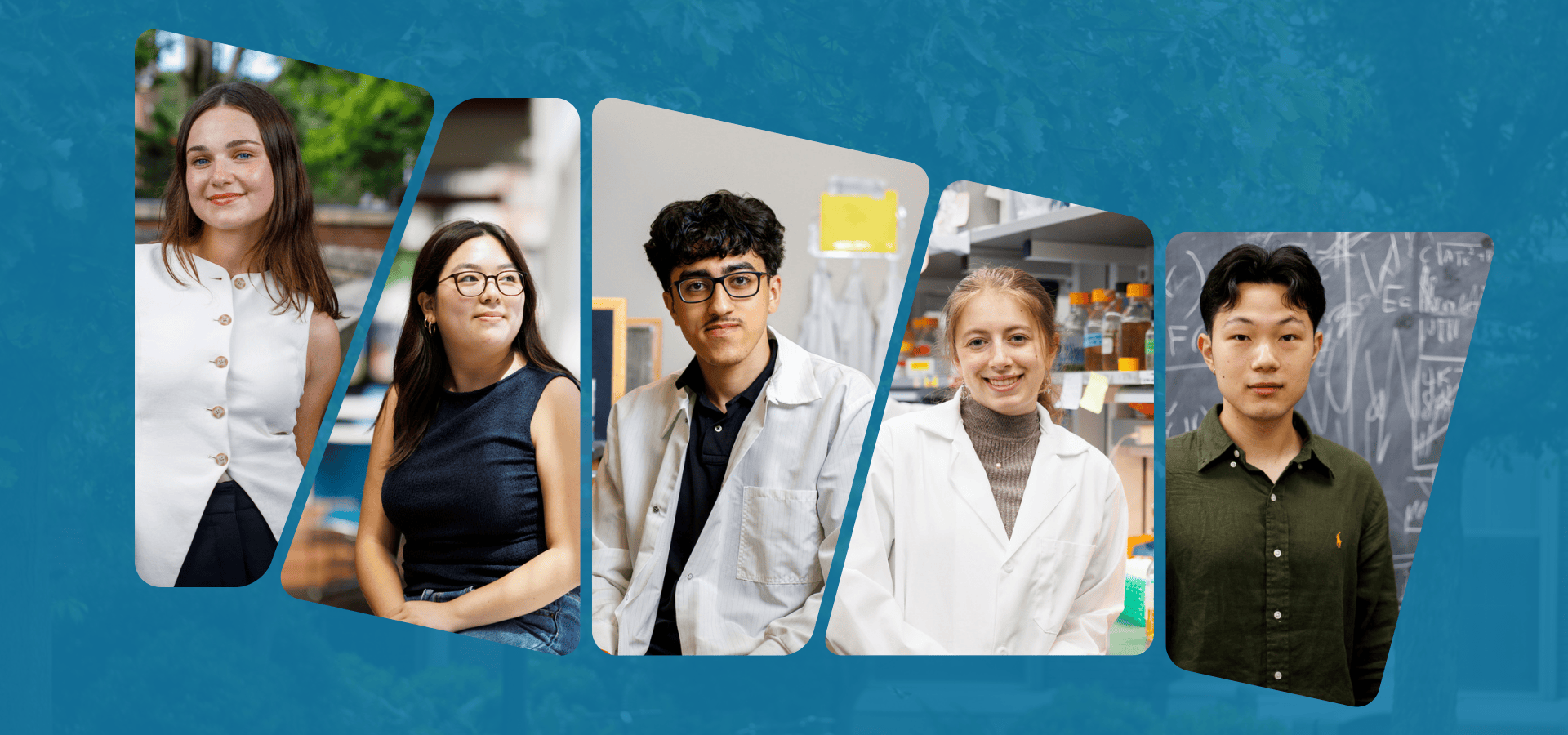 Portraits of five students highlighted in summer research narrative.