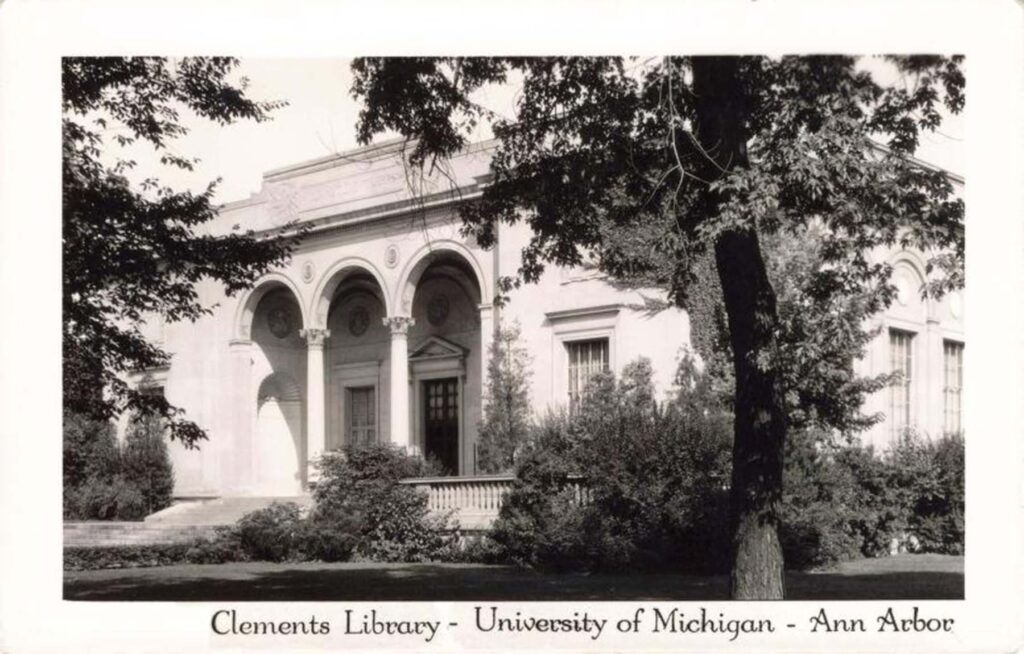 A postcard showcasing the southern entrance of the Clements Library. David V. Tinder Collection of Michigan Photography, University of Michigan William L. Clements Library.