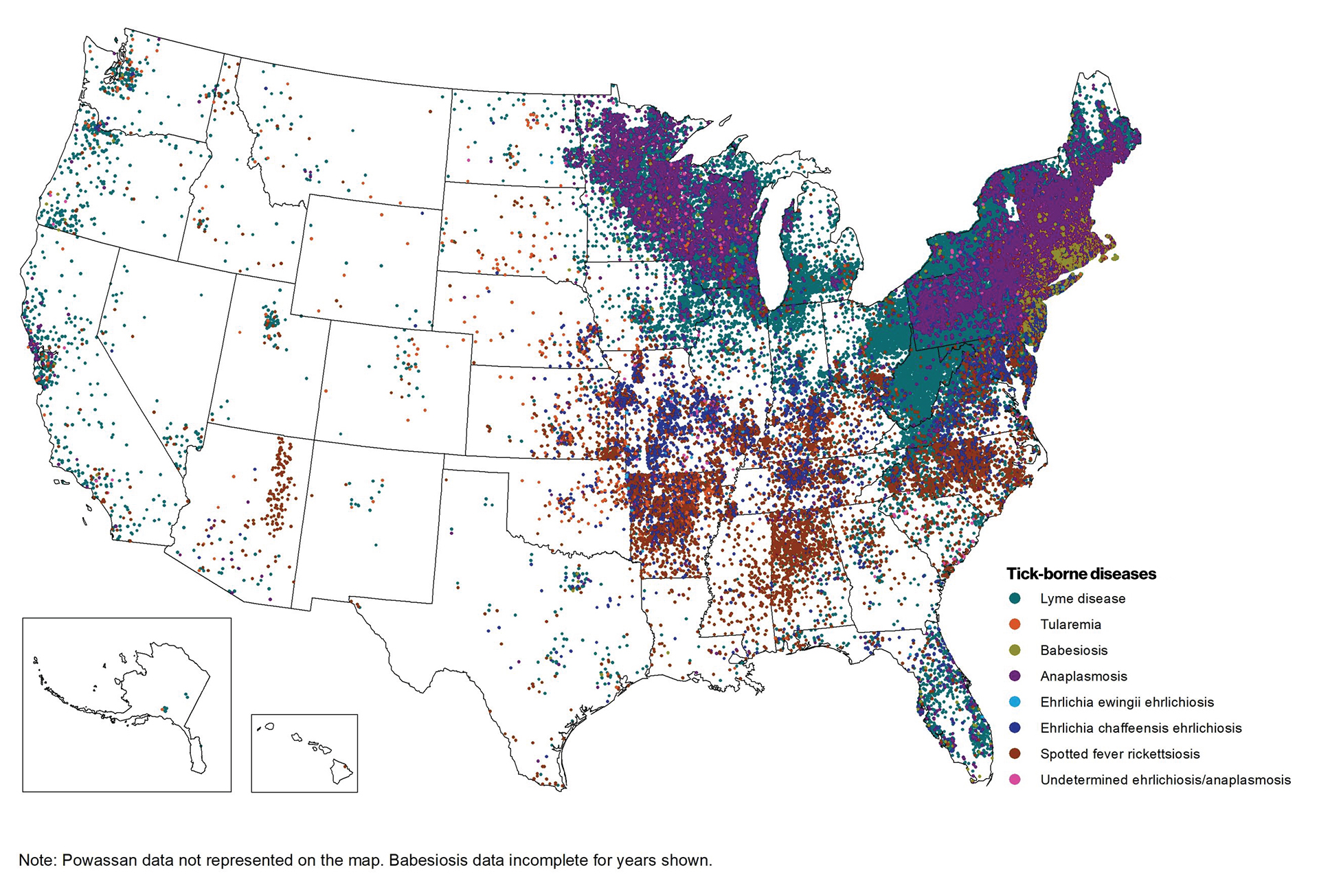 CDC map showing reported tick-borne diseases in the U.S., 2019-2022, indicates a heavy concentration in Northeast and Midwest.