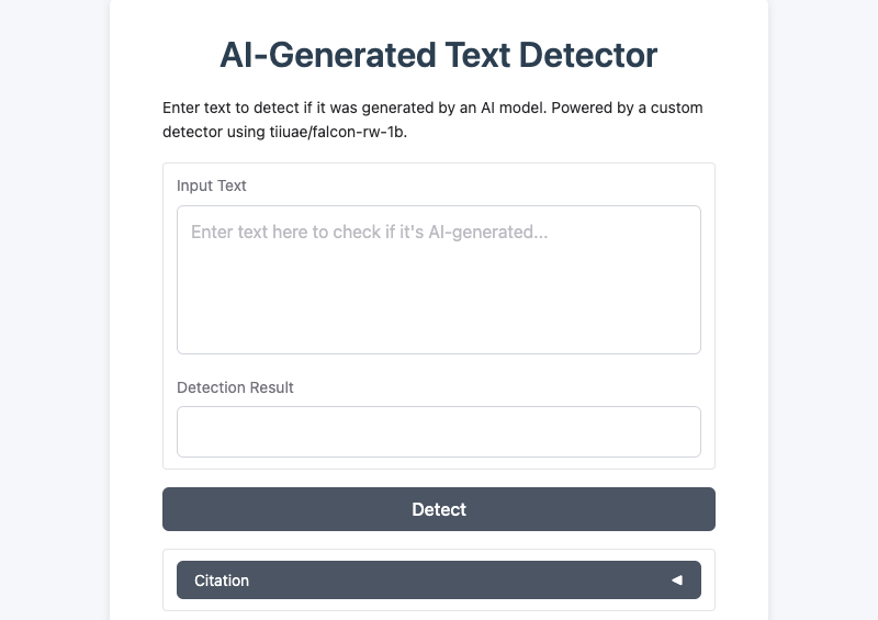 Screenshot of the AI-Generated Text Detector
Enter text to determine if it was produced by an AI model.
