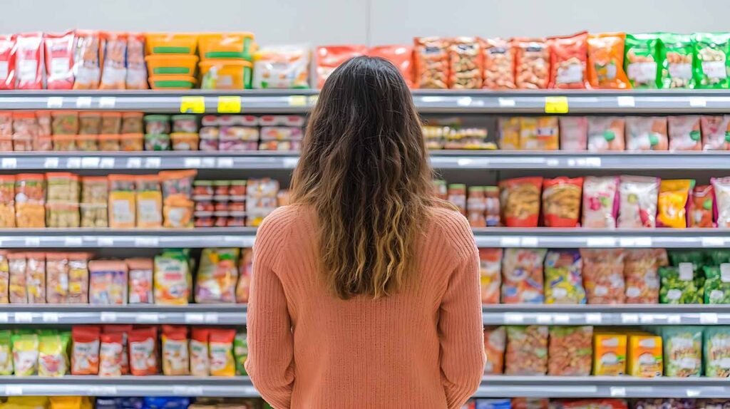 Woman examining snack aisle in grocery store. Shelves filled with various packaged items. Image credit: Adobe Stock, made with AI