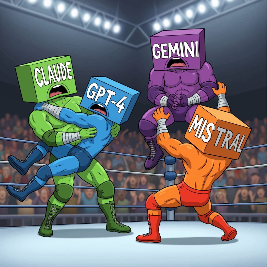 Four wrestlers, each symbolizing a genAI model, contend in a wrestling ring. A green wrestler, representing Claude, grapples with GPT-4 in blue. A purple wrestler, depicting Gemini, lunges at Mistral in orange.