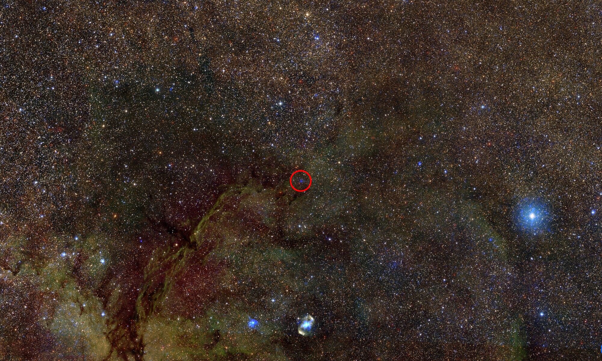 Optical, infrared, and X-ray composite image of a segment of the interstellar gas and dust.