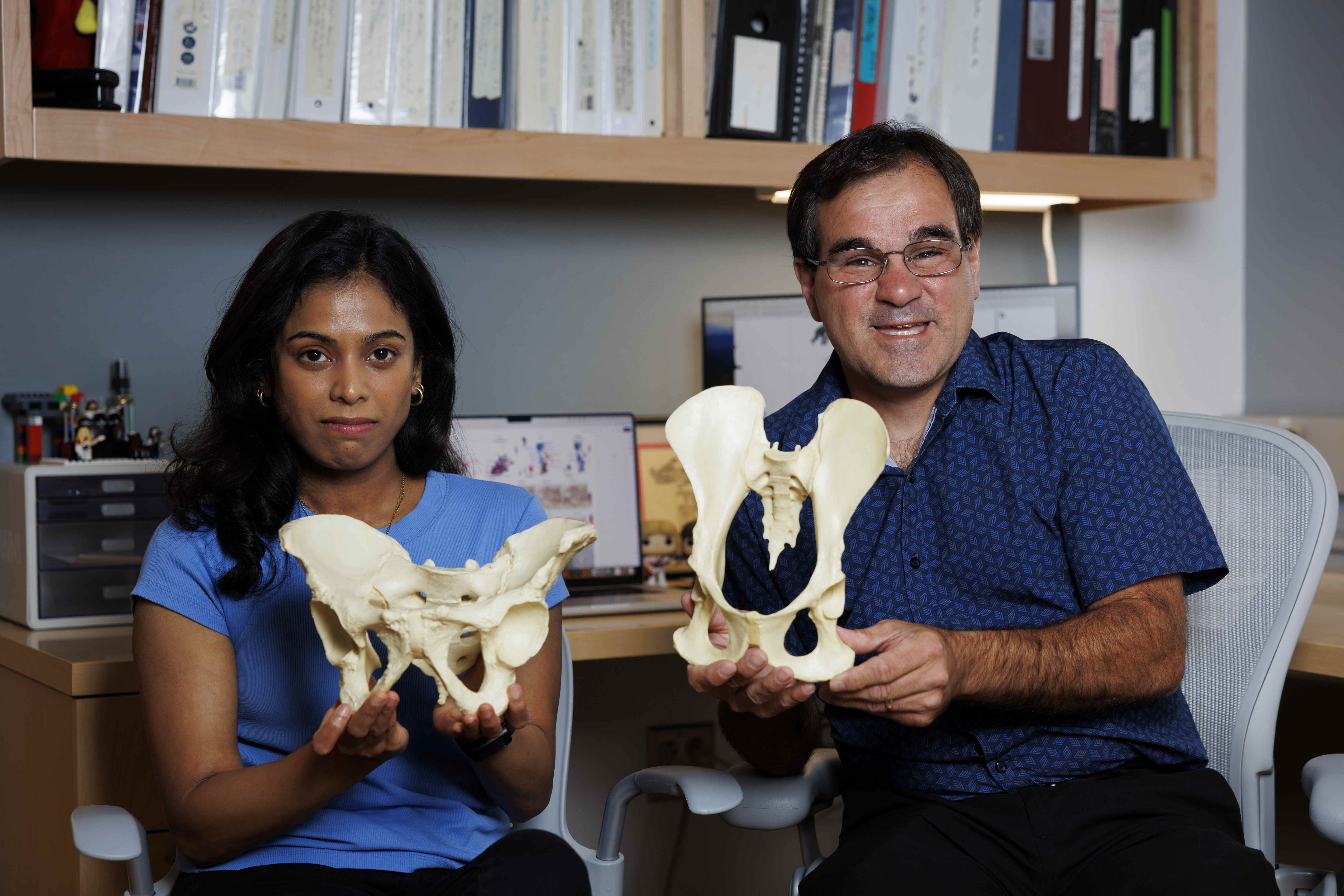 Gayani Senevirathne and Terence Capellini presenting models of pelvis.