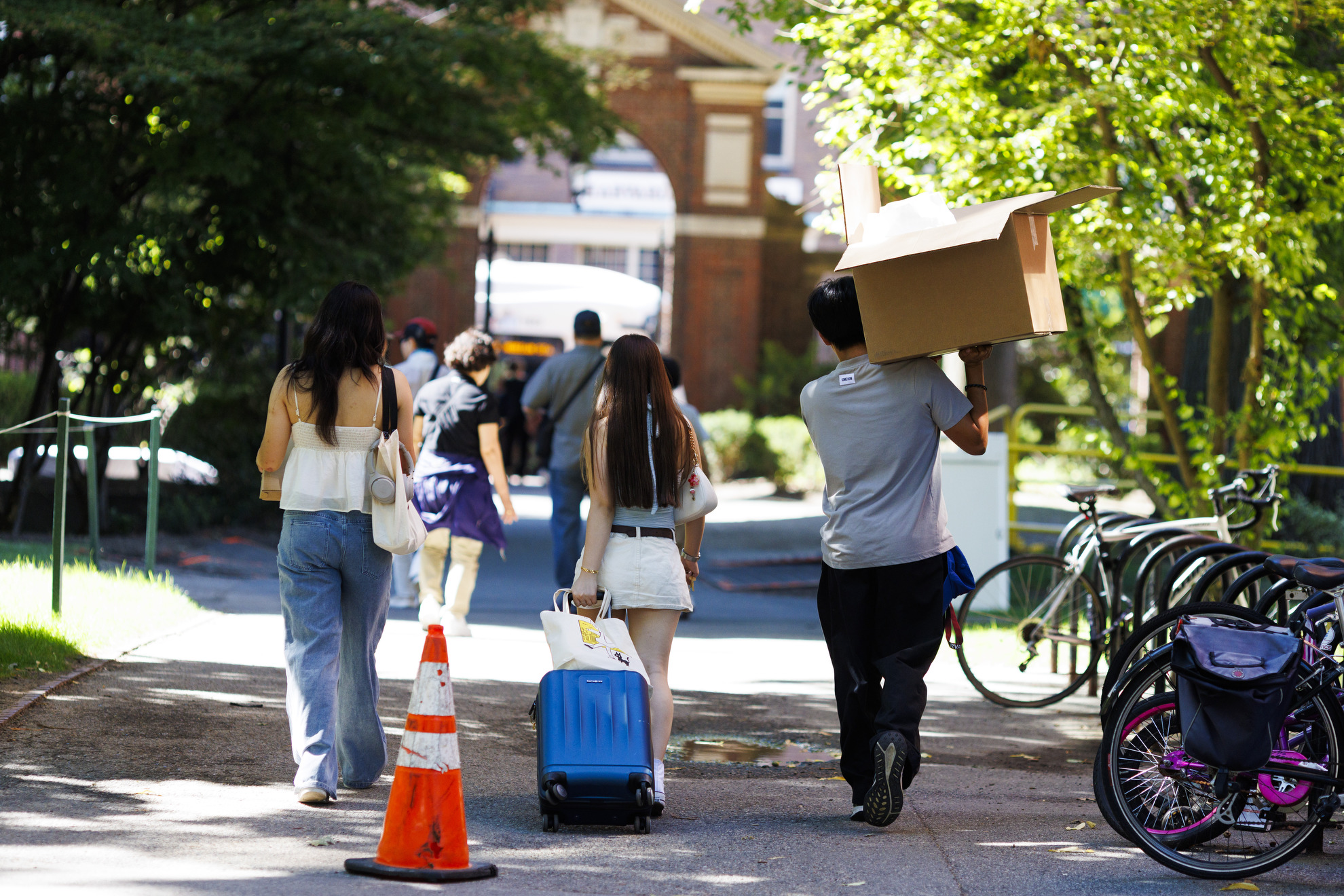 First-year students and families carry boxes in Harvard Yard.