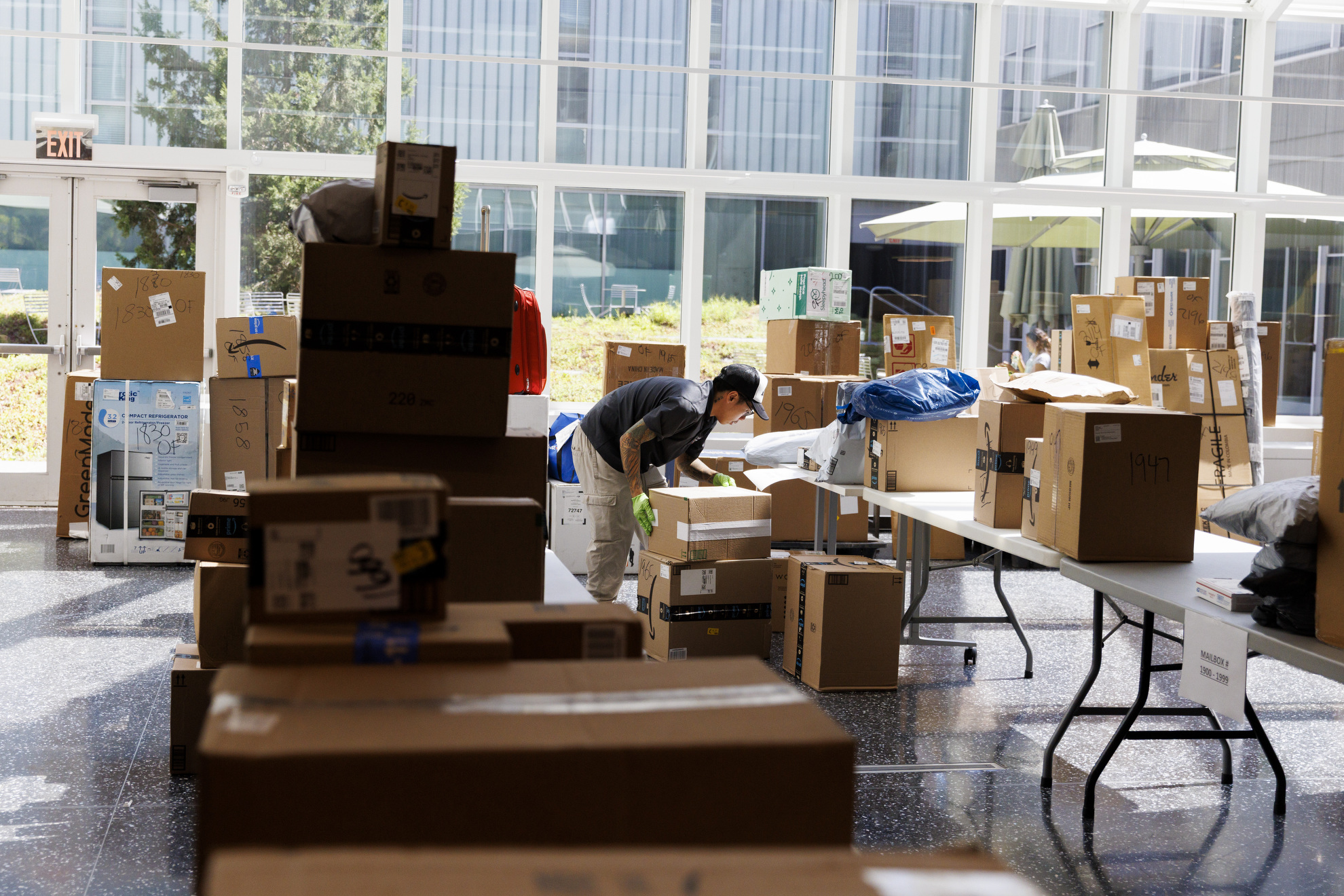 Staging area for moving boxes outside the Science Center at Harvard.