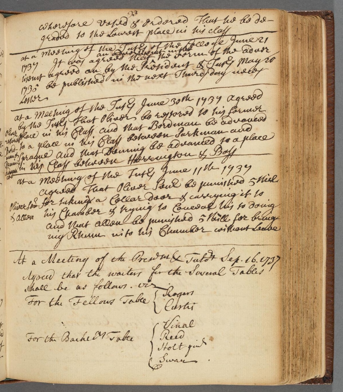 At the base of these handwritten records from a 1737 assembly between president and faculty, six new waitstaff are noted by surname.