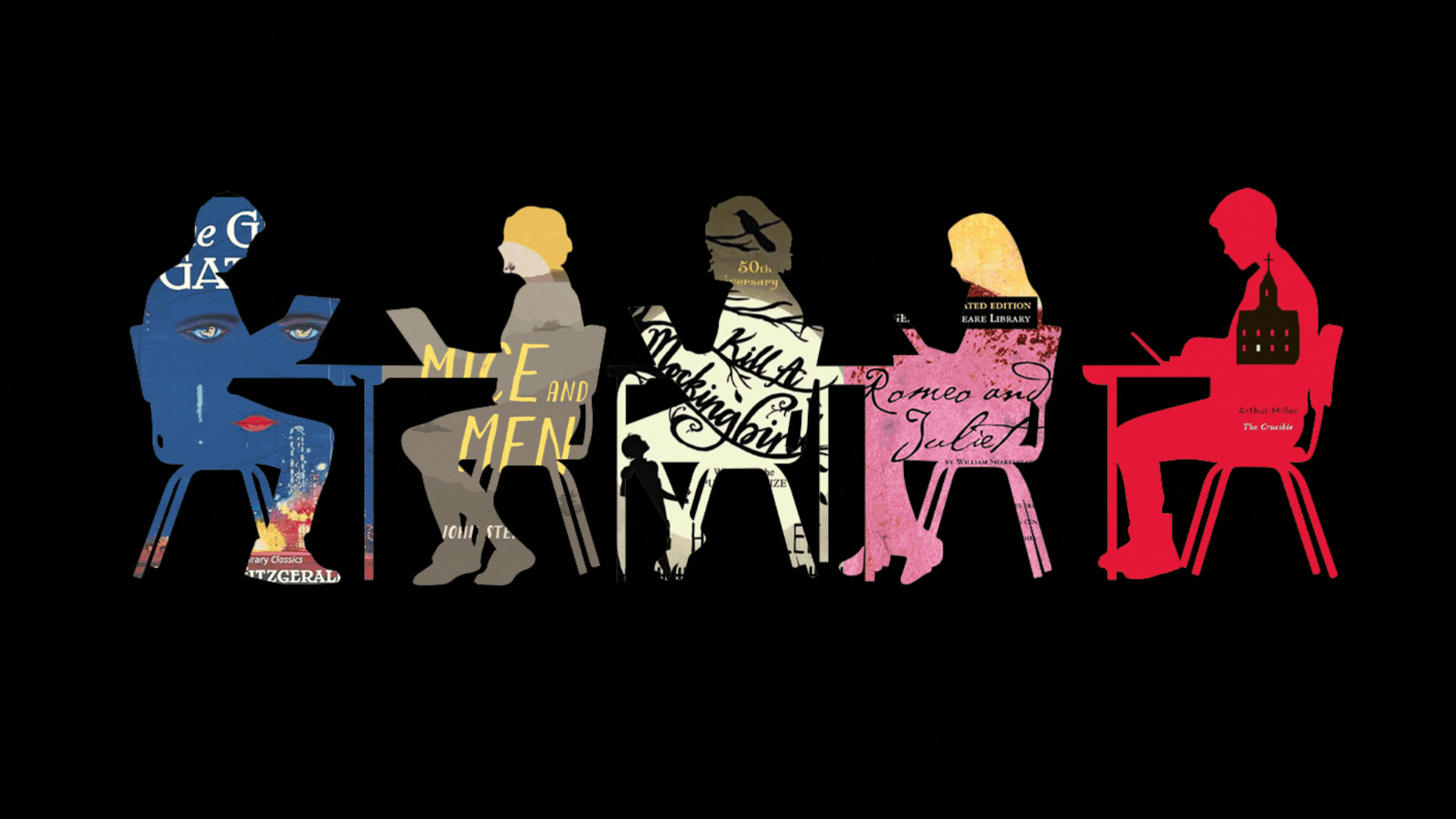 Illustration of elementary students reading at desks.