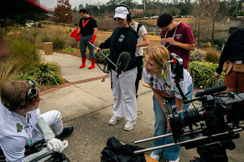 FSU Film undergraduate students collaborate on the set of their Filmmaking 3 projects during the spring 2025 semester. (FSU College of Motion Picture Arts)