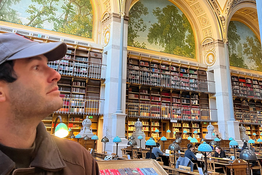 Sam Granoff, a doctoral student in the English Department, visiting the National Library of France (Bibliothèque nationale de France) in Paris. (Sam Granoff)