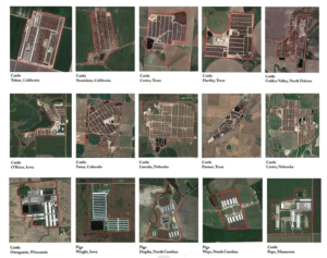 A grid of 15 animal feeding operations seen from space in satellite images. The operations stand out as regions segmented with rectangles of roofs and smaller lots against large neighboring areas of more uniform green and brown fields.
