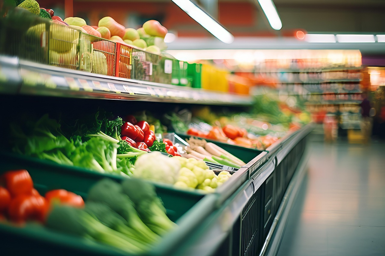 Produce displayed on a shelf at a grocery store