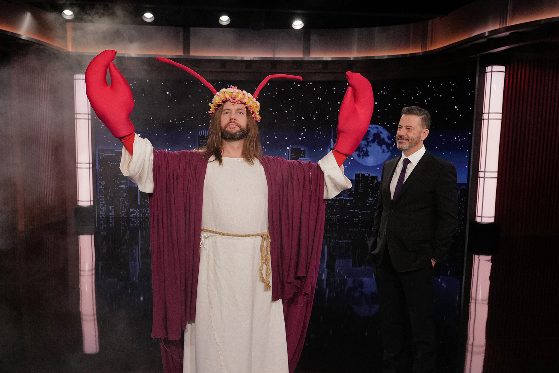 Will Burke impersonating "Crab Jesus" on Jimmy Kimmel Live!