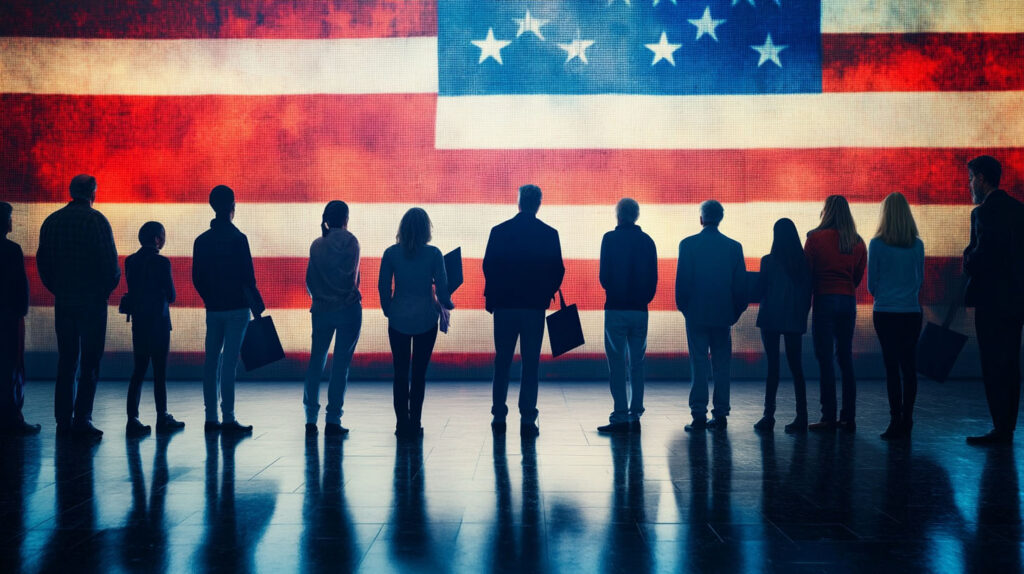 Illustrative concept of Americans against an abstract U.S. flag. Image credit: Nicole Smith, created with Midjourney