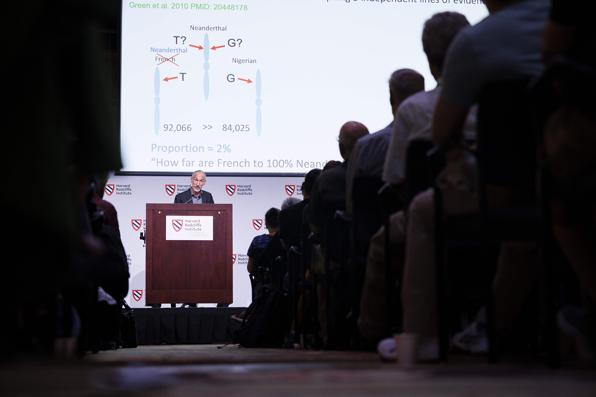 Audience observes David Reich lecture at Harvard Radcliffe Institute.