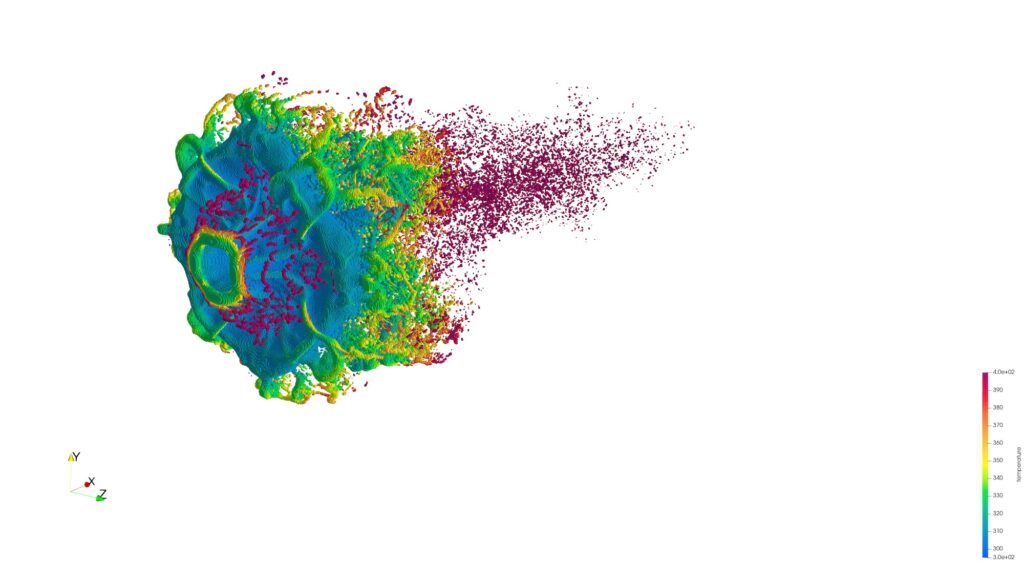 The configuration of the droplet somewhat resembles the central elevation and initial concentric ripple that manifests on water after a stone is dropped into a pond. This cooler blue expanse is interlaced with hot magenta at the core and warmer green along the periphery. The droplet appears to heat up and fragment along the shockwave's trajectory, transitioning to green, then yellow, with a long tail of more diffused magenta. The darkest blue indicates the lowest temperature on the scale, 300 Kelvin, while the hottest, deepest magenta denotes 400 Kelvin.