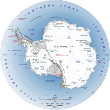 A depiction of Antarctica indicating the location of the West Antarctic ice sheet