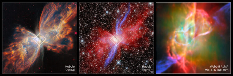 Three distinct images of the Butterfly Nebula. The first two display the entire nebula; the third focuses on the core of the nebula.