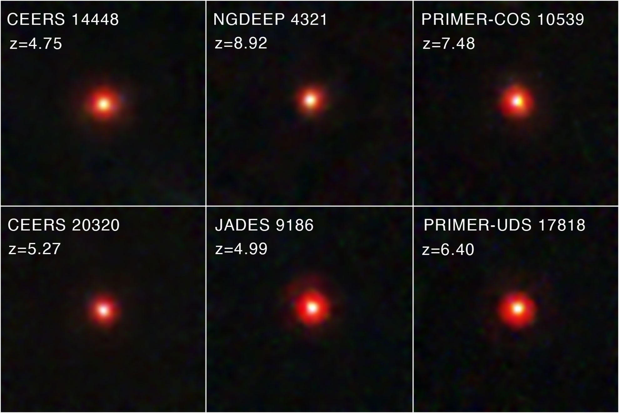 Compilation of small red dots captured by the James Webb Space Telescope
