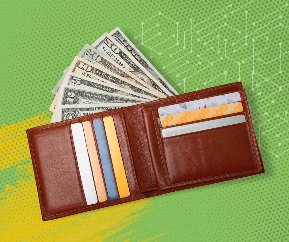 Graphic showing a wallet and networked computers.