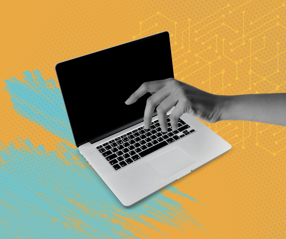 Graphic of an individual utilizing a laptop.