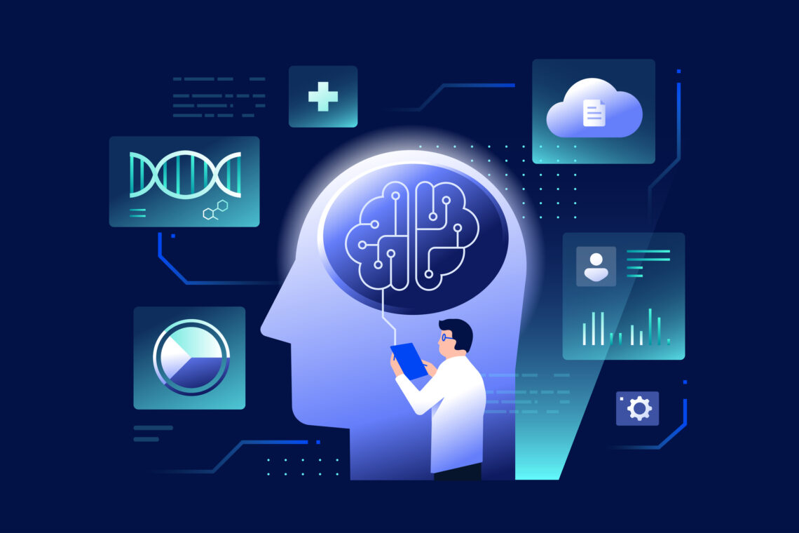 Depiction of a physician surrounded by technological symbols.