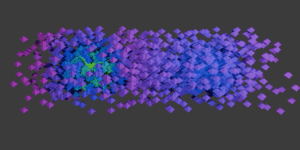 The molecule takes on the shape of a cylinder composed of octahedra, dense at the center with lithium and hydrogen atoms but becoming more scattered. The cylinder is sliced along one edge, revealing the core of each atom. The lithium is orange at the center, transitioning to yellow, green, and then blue where the octahedra become more spread out. At the edges and between the molecules, the octahedra are purple. The hydrogen is blue at the center. The image rotates like a rolling log.