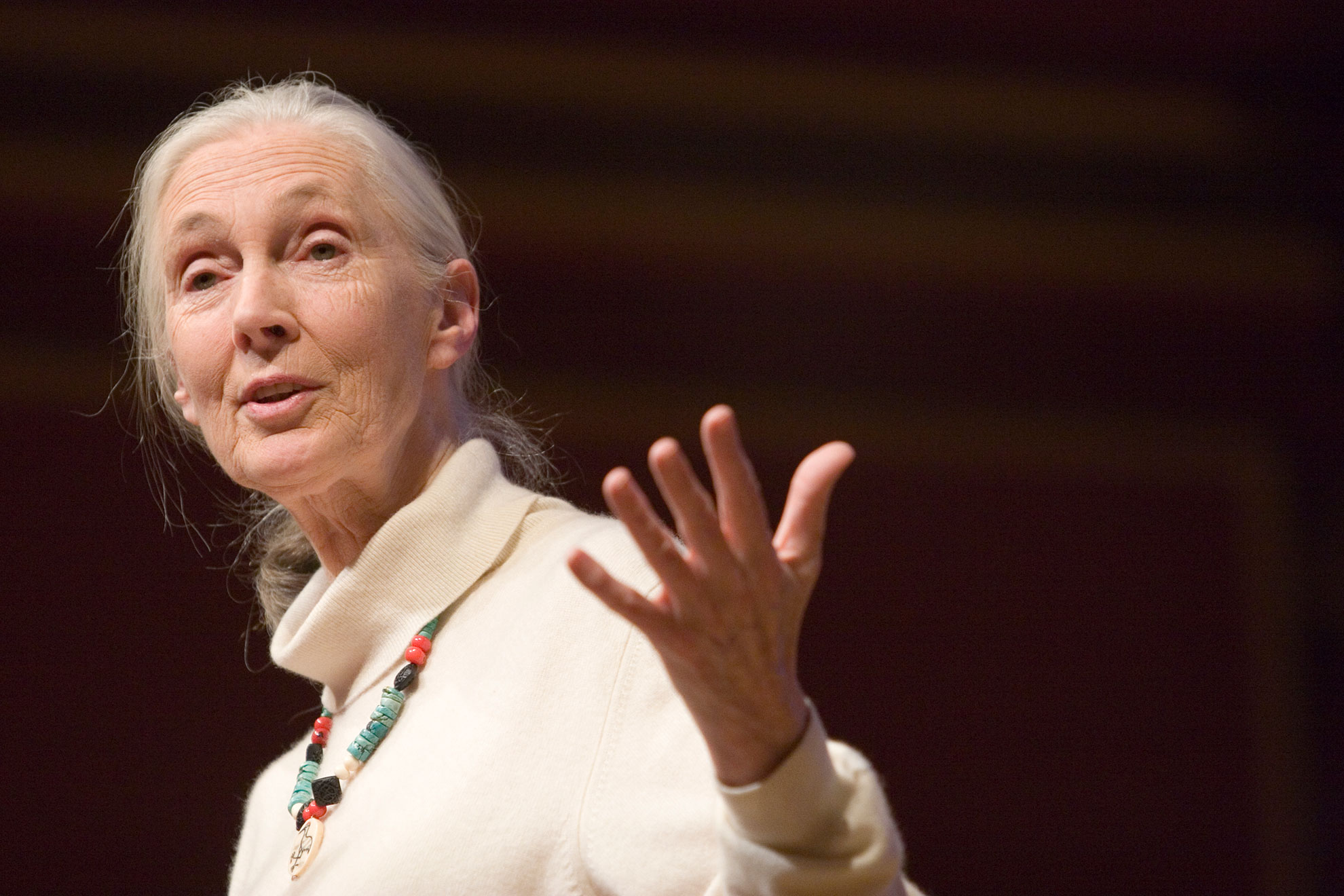 Jane Goodall addressing an audience at Sanders Theatre in 2007.