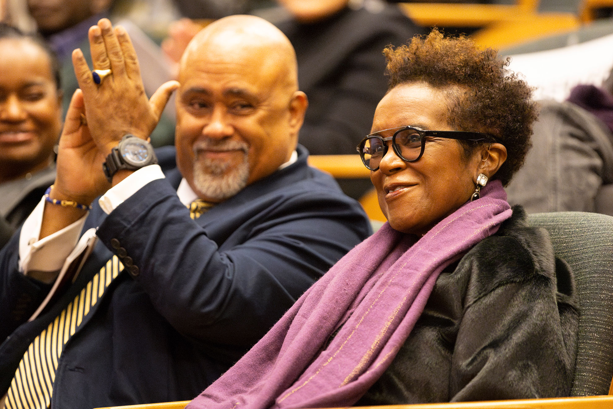 Marcyliena H. Morgan (right) beams as her husband, Lawrence D. Bobo, applauds at her tribute in 2023.