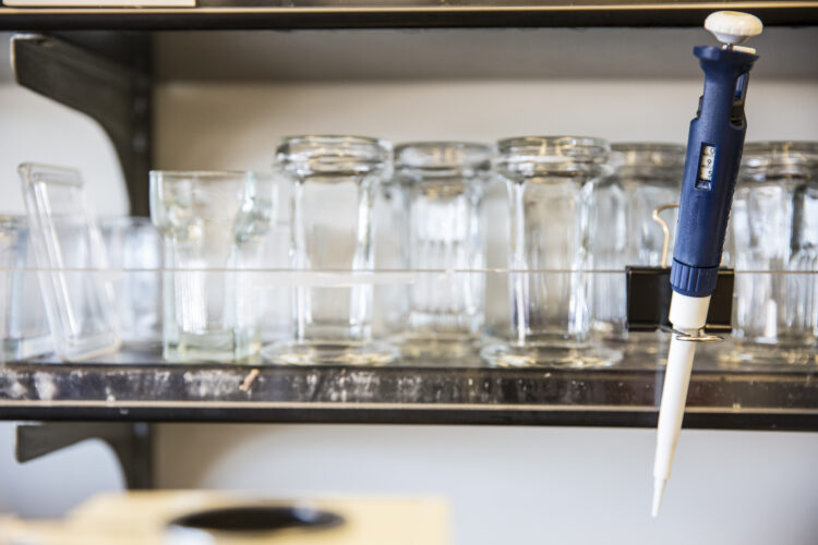 a micropipette positioned in front of a rack of glass containers