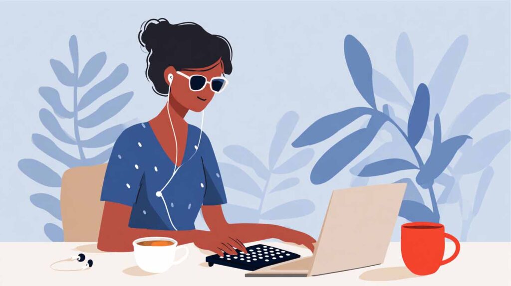 Concept illustration of a blind programmer utilizing a braille keyboard and laptop. Image credit: Nicole Smith, crafted with Midjourney