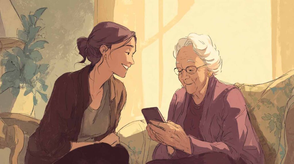 Illustrative concept of a caregiver engaging with a companion. Image credit: Nicole Smith, created with Midjourney